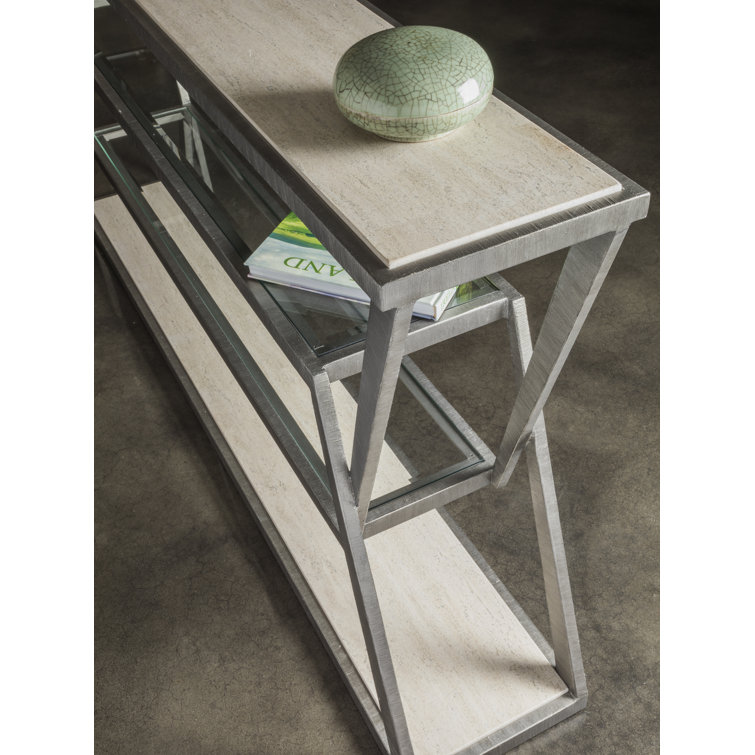 Adamo Silver and Beige Metal Glass Console Table with Storage