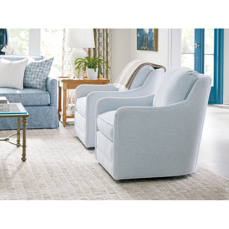 Coastal Swivel Armchair in Blue Cotton Blend with Manufactured Wood Frame