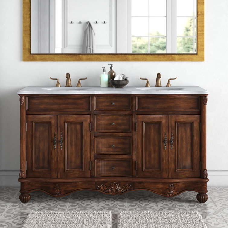 Teak and Ivory White Double Freestanding Vanity with Quartz Countertop