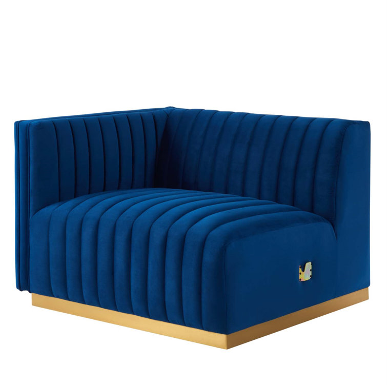 Elegant Gold Navy Tufted Velvet Sofa with Brushed Gold Base