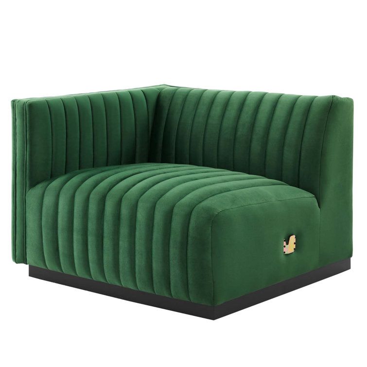 Green Velvet Channel Tufted Sofa with Black Base