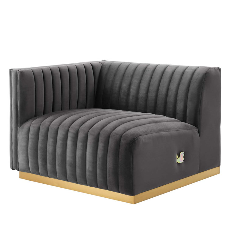 Elegant Gold Gray Velvet Tufted Sofa with Brushed Gold Base