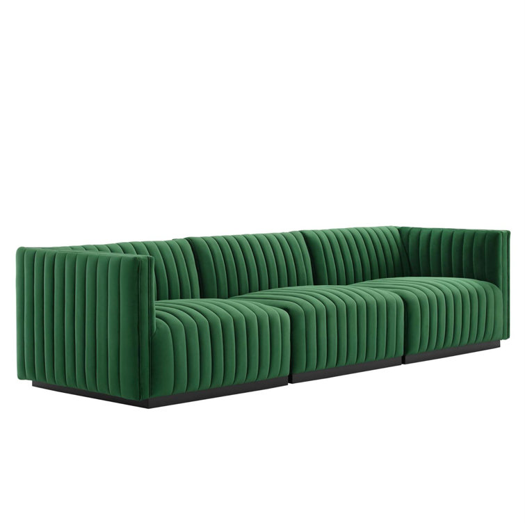 Green Velvet Channel Tufted Sofa with Black Base