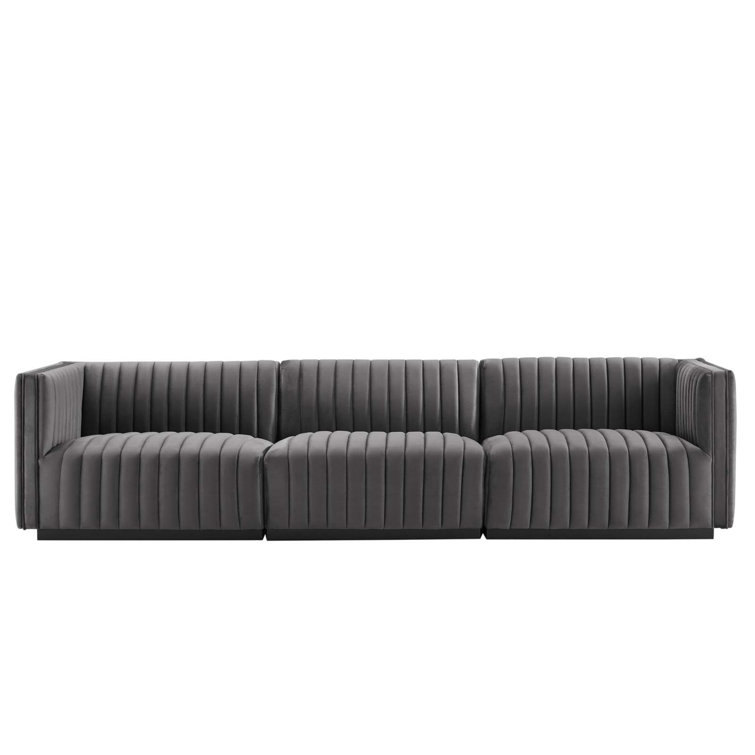 Elegant Black Gray Channel Tufted Velvet 3-Seater Sofa