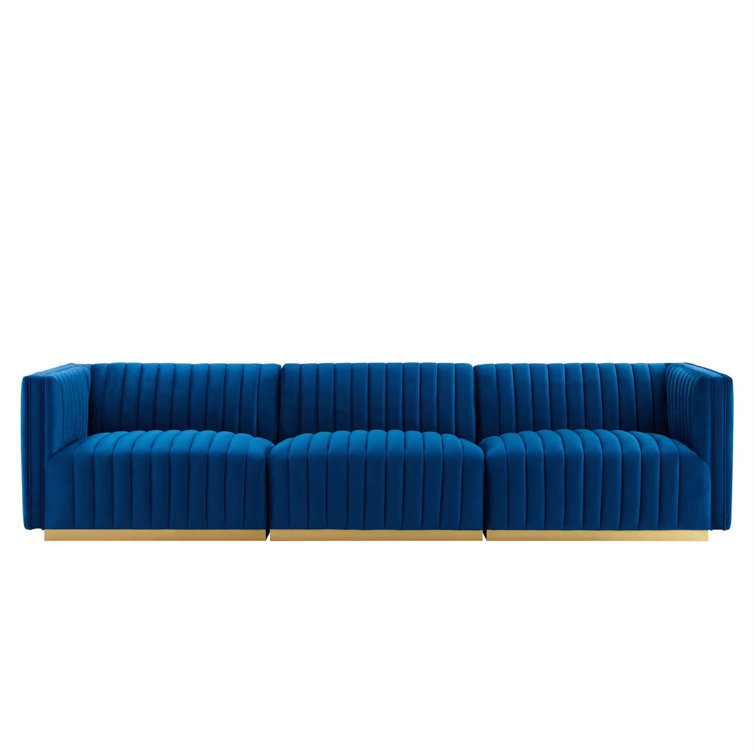 Elegant Gold Navy Tufted Velvet Sofa with Brushed Gold Base