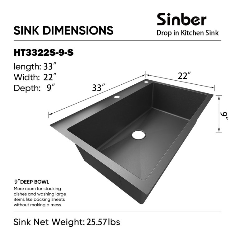 33" Black Stainless Steel Drop-In Single Bowl Kitchen Sink