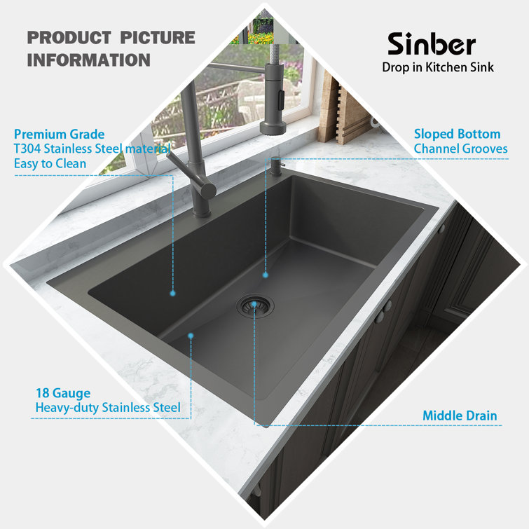 33" Black Stainless Steel Drop-In Single Bowl Kitchen Sink
