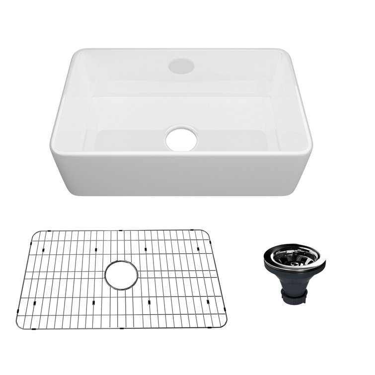 Glossy White Fireclay Single Bowl Farmhouse Kitchen Sink with Accessories