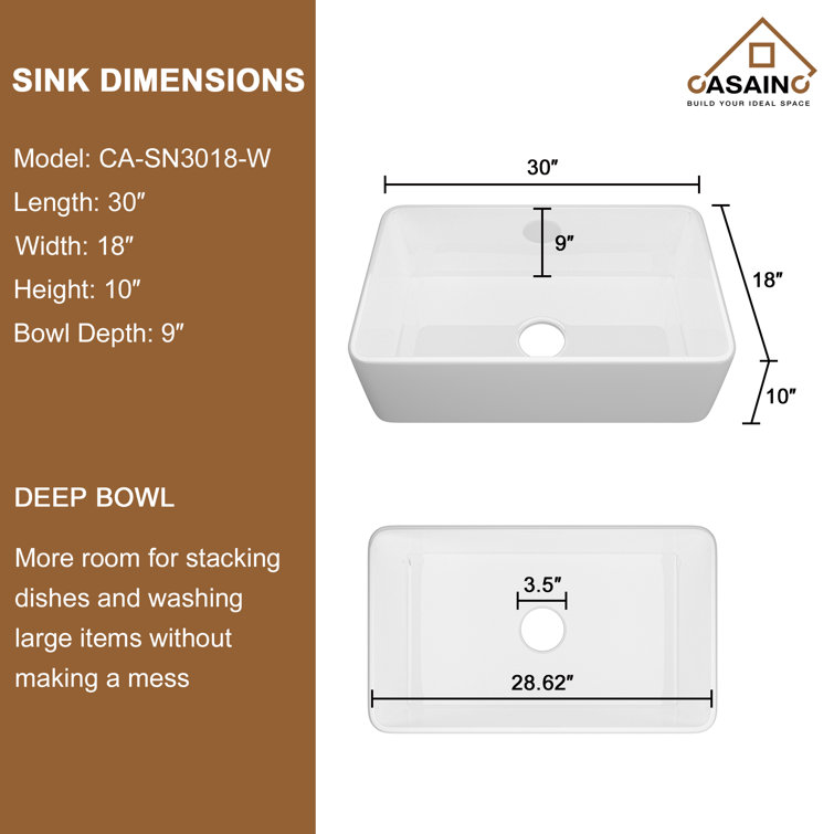 30'' White Fireclay Single Bowl Farmhouse Kitchen Sink with Faucet