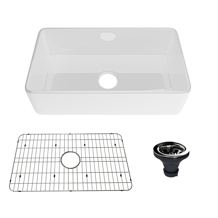 Glossy White Fireclay Single Bowl Farmhouse Kitchen Sink with Accessories