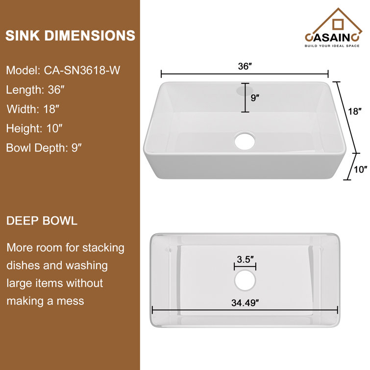 36" White Fireclay Farmhouse Single Bowl Kitchen Sink