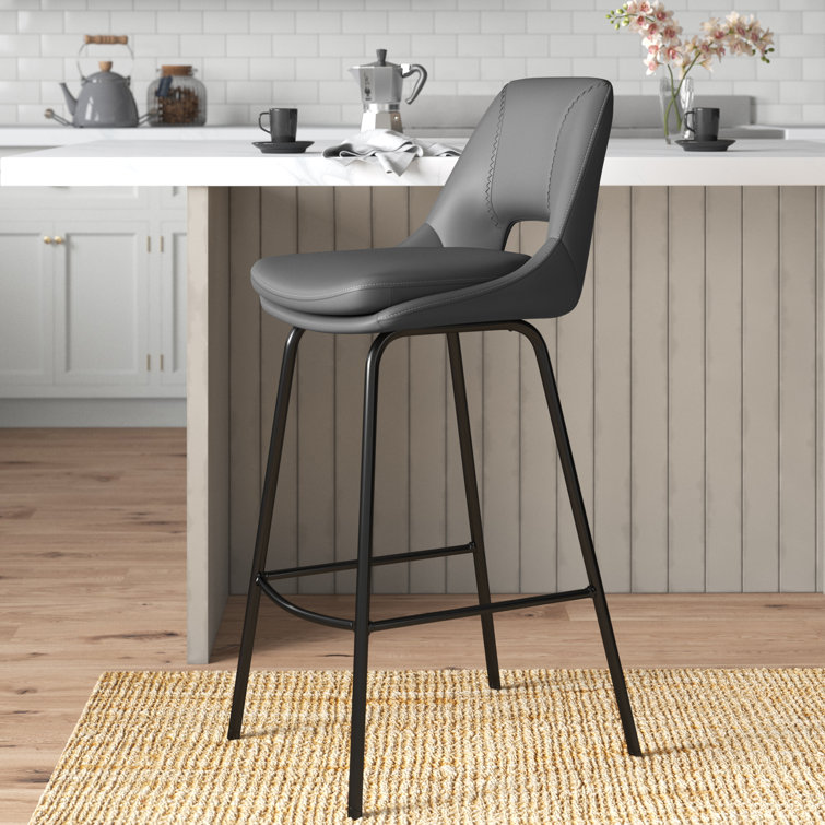 Contemporary 30" Gray Faux Leather Swivel Bar Stool with Stainless Steel Base