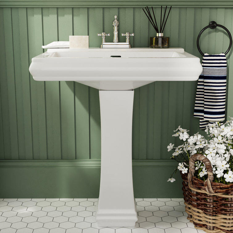 Elegant Apex White Ceramic 34" Rectangular Pedestal Sink with Overflow