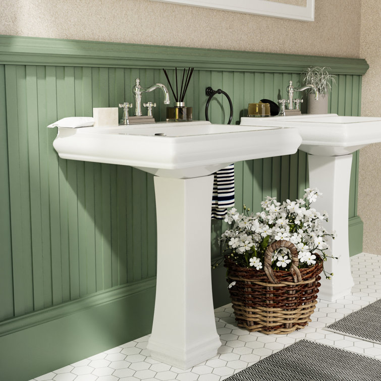 Elegant Apex White Ceramic 34" Rectangular Pedestal Sink with Overflow