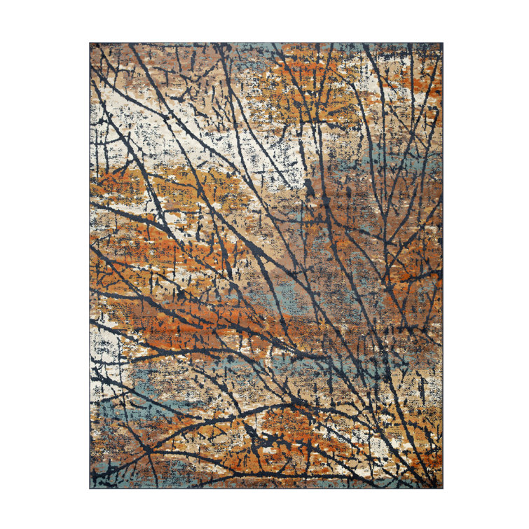 Modern Abstract Distressed Cracks Blue-Cream Area Rug, 5'x8'