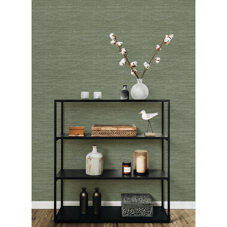 Moss Green Vinyl-Coated Faux Grasscloth Wallpaper Roll
