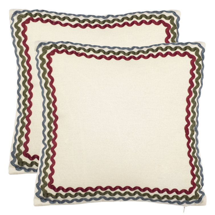 White Cotton Square Throw Pillows with Rickrack Trim, Set of 2