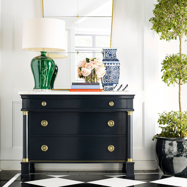 Hartman Cobalt Blue and White Marble 3-Drawer Dresser with Solid Brass Hardware