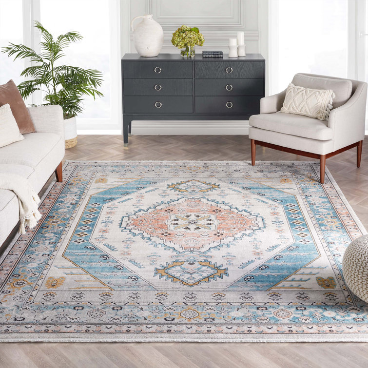 Indira Blue and Ivory Rectangular Synthetic Area Rug 4' x 6'