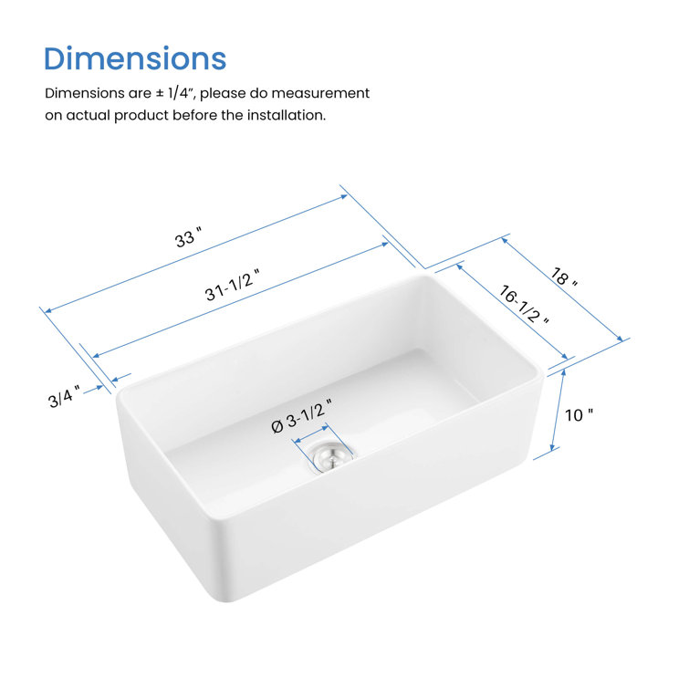 Pure White 33" Fireclay Single Bowl Farmhouse Kitchen Sink