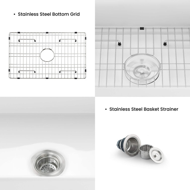 30" White Fireclay Farmhouse Kitchen Sink with Bottom Grid and Strainer