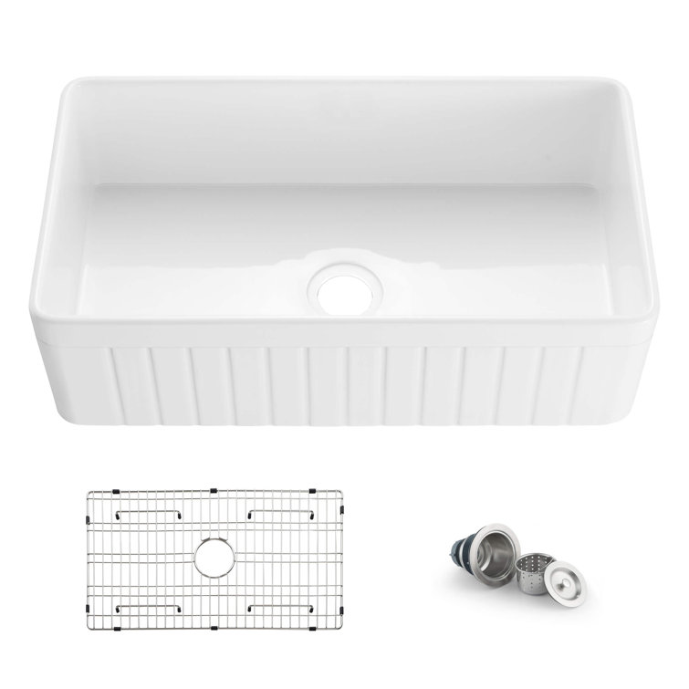 Elegant White Fireclay Farmhouse Kitchen Sink with Grid and Strainer