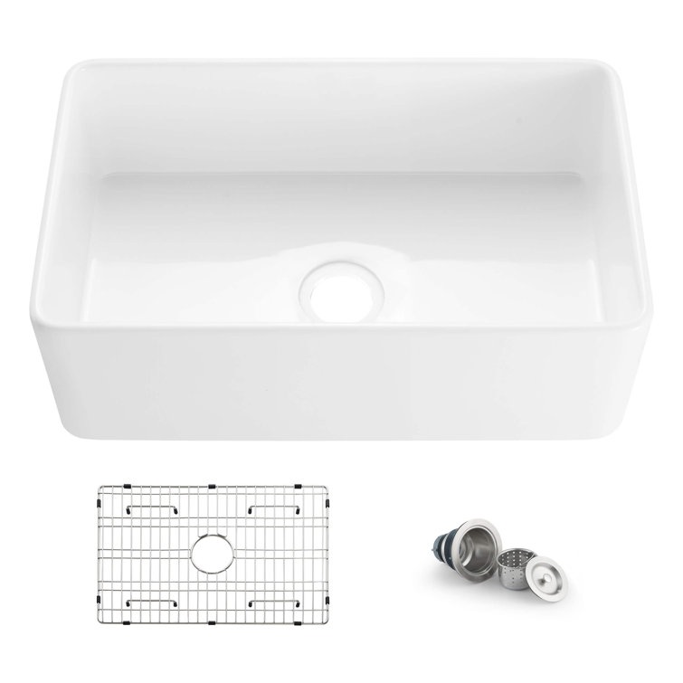 30" White Fireclay Farmhouse Kitchen Sink with Bottom Grid and Strainer
