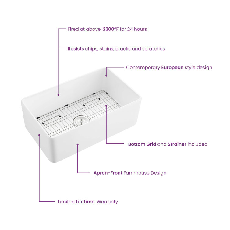 30" White Fireclay Farmhouse Kitchen Sink with Bottom Grid and Strainer