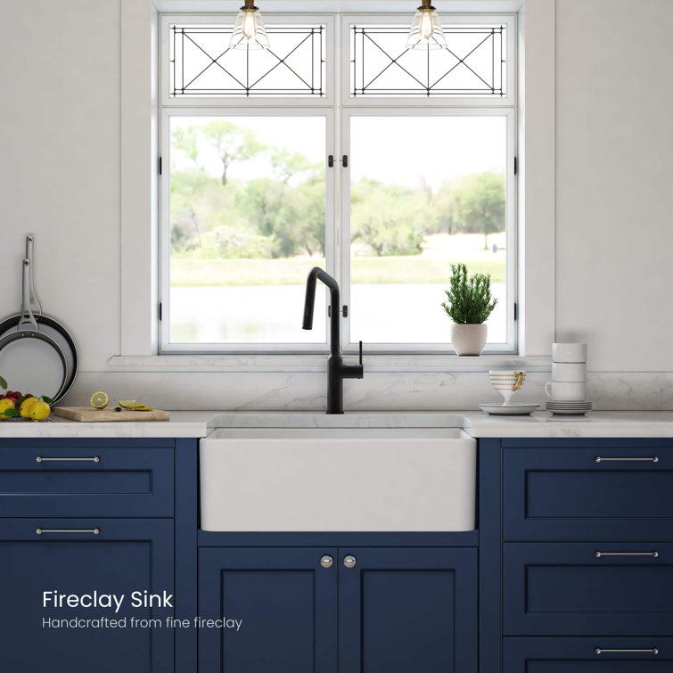 30" White Fireclay Farmhouse Kitchen Sink with Bottom Grid and Strainer