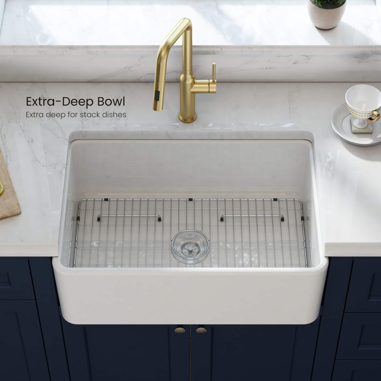 30" White Fireclay Farmhouse Kitchen Sink with Bottom Grid and Strainer