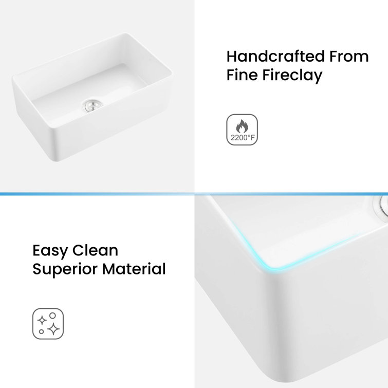 30" White Fireclay Farmhouse Kitchen Sink with Bottom Grid and Strainer