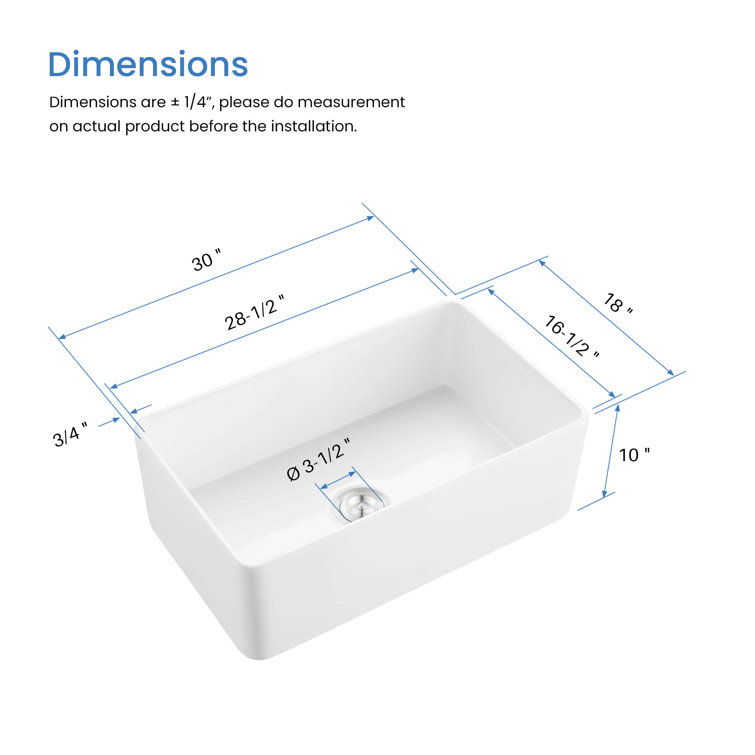 30" White Fireclay Farmhouse Kitchen Sink with Bottom Grid and Strainer
