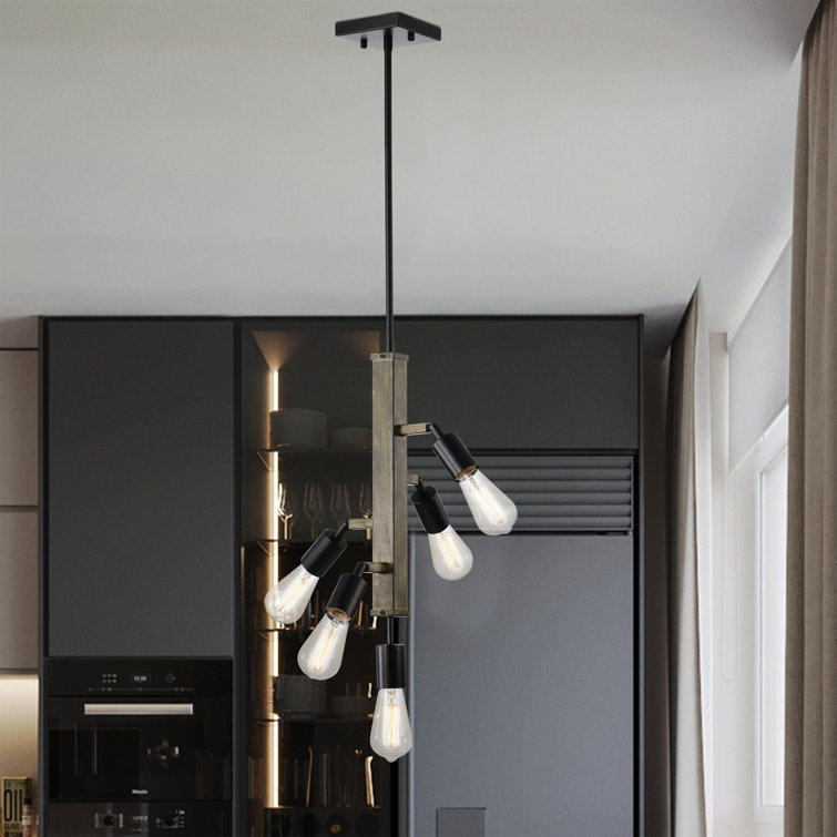 Matte Black and Wood Grain 5-Light Tiered Chandelier