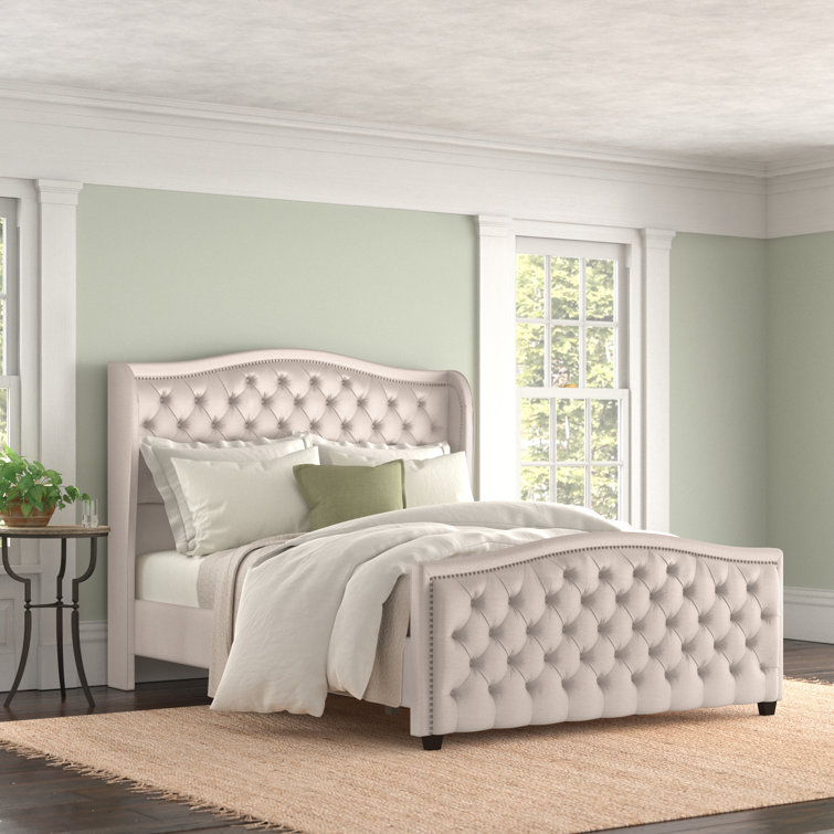 Sky Neutral Queen Upholstered Wingback Bed with Nailhead Trim