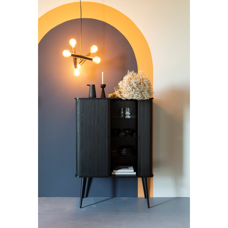 Black Solid Wood Accent Cabinet with Glass Shelves