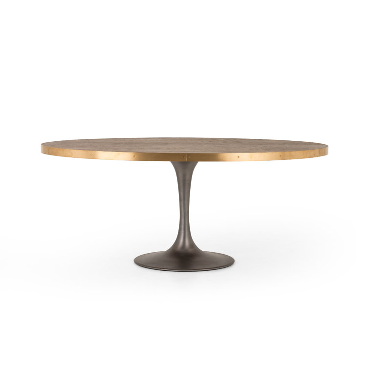 Round Oak and Iron Dining Table with Gold Accents