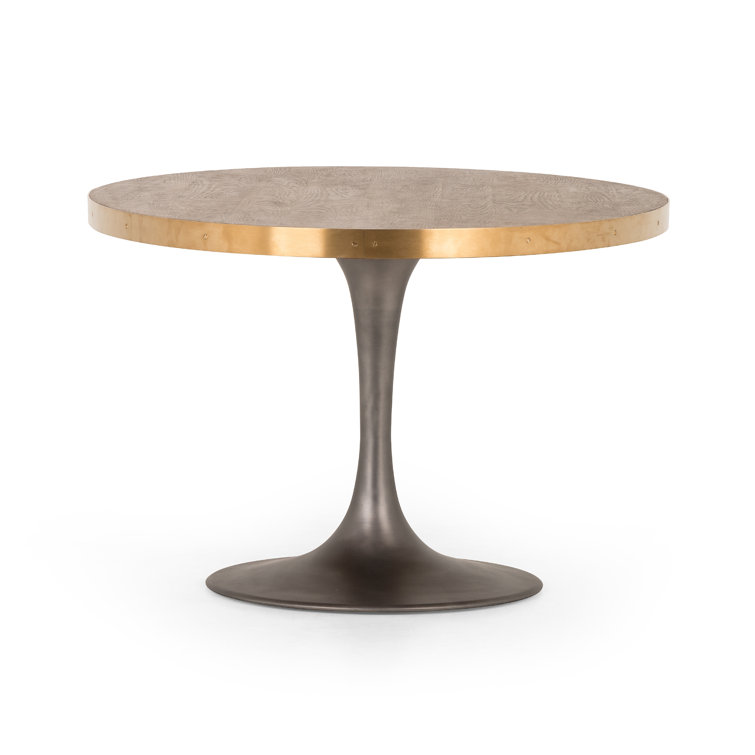 Round Oak and Iron Dining Table with Gold Accents