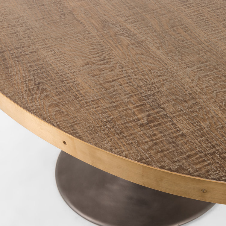 Round Oak and Iron Dining Table with Gold Accents