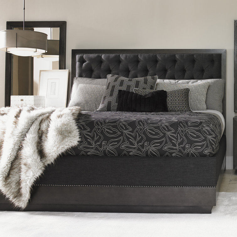 Charcoal Gray Diamond-Tufted Queen Bed with Nailhead Trim and Storage