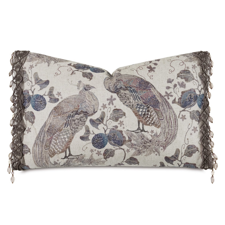 Elegant Beige and Blue Linen Decorative Pillow with Bird Print