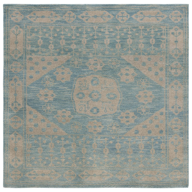 Kenya Hand-Knotted Wool Square Area Rug in Light Blue
