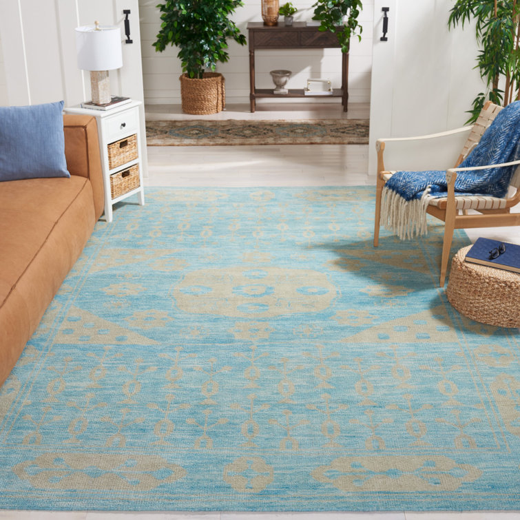 Kenya Hand-Knotted Wool Square Area Rug in Light Blue