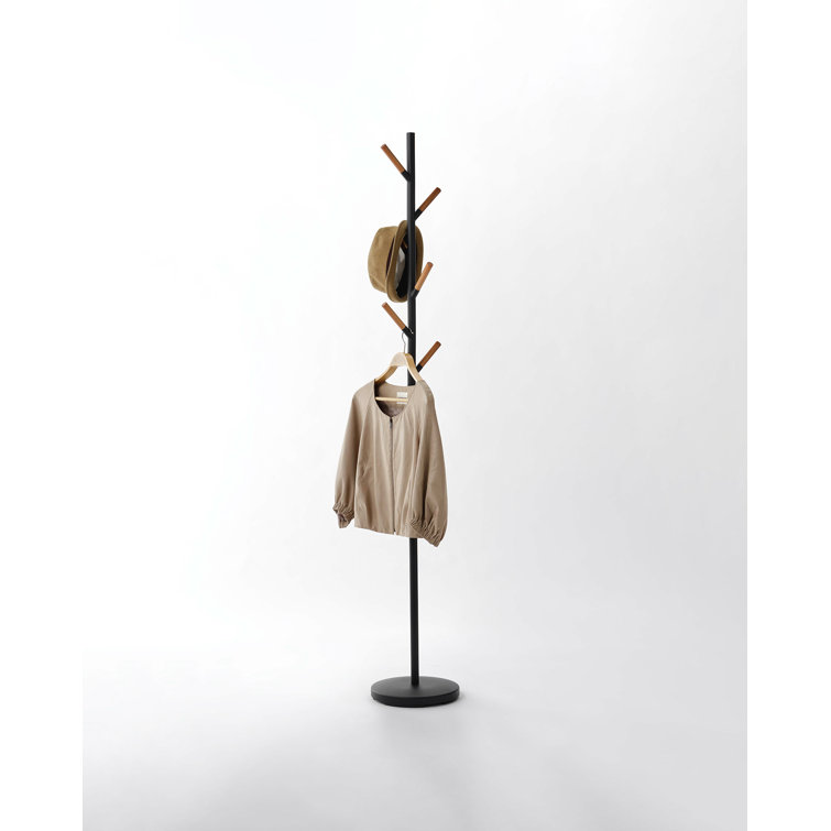 Sleek Yamazaki Black Freestanding Coat Rack with Wood-Tipped Hooks