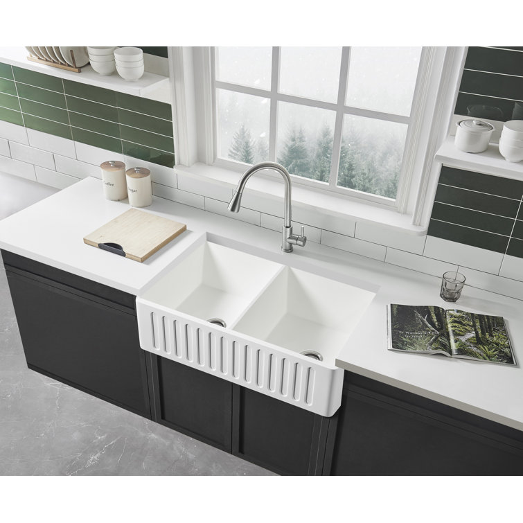 36'' White Solid Surface Double Bowl Farmhouse Kitchen Sink