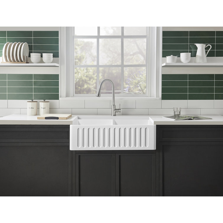 36'' White Solid Surface Double Bowl Farmhouse Kitchen Sink