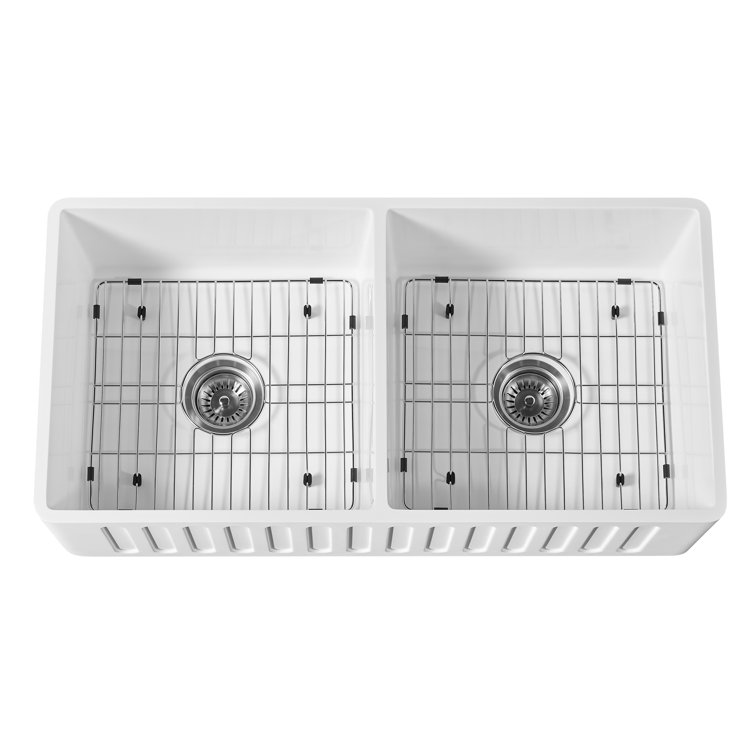 36'' White Solid Surface Double Bowl Farmhouse Kitchen Sink