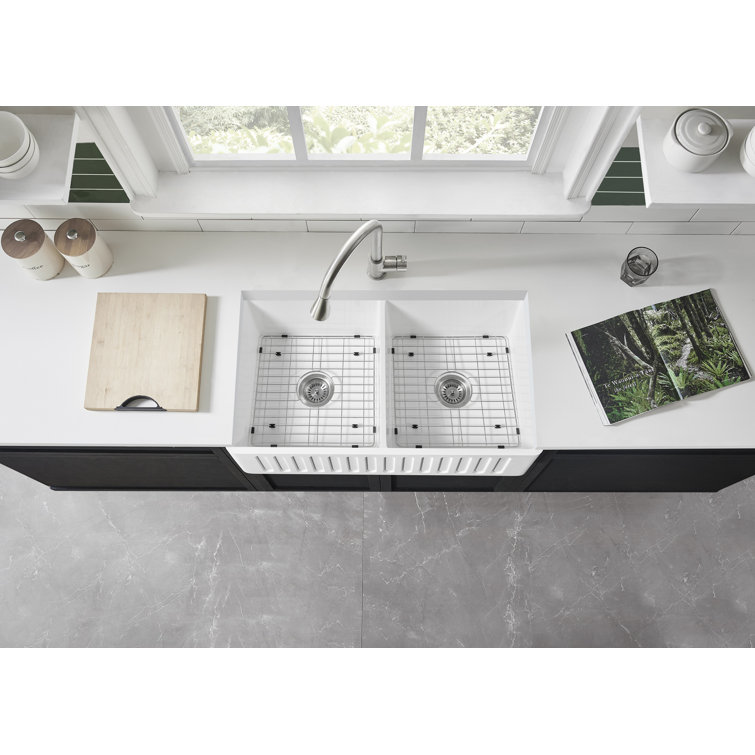 36'' White Solid Surface Double Bowl Farmhouse Kitchen Sink