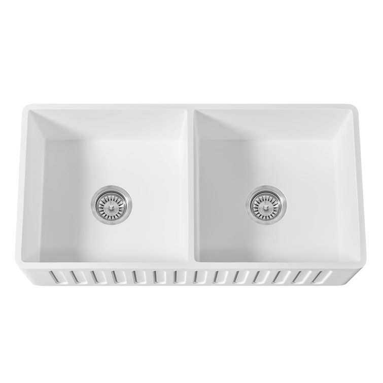 36'' White Solid Surface Double Bowl Farmhouse Kitchen Sink
