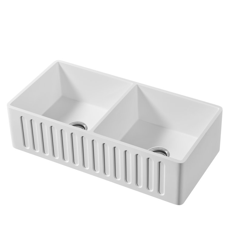 36'' White Solid Surface Double Bowl Farmhouse Kitchen Sink
