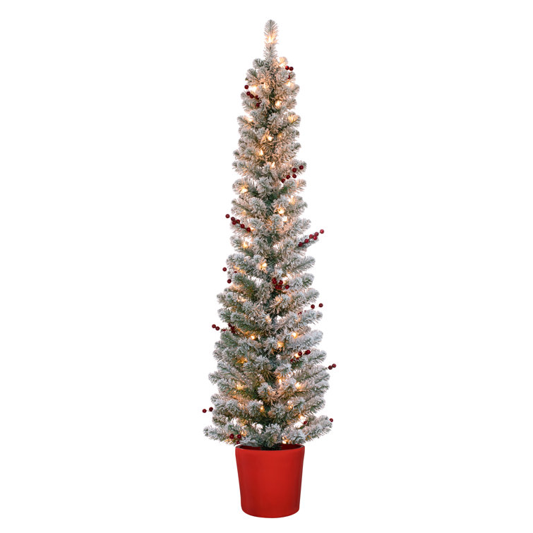 5' White Fir Artificial Christmas Tree with Warm Lights and Red Pot
